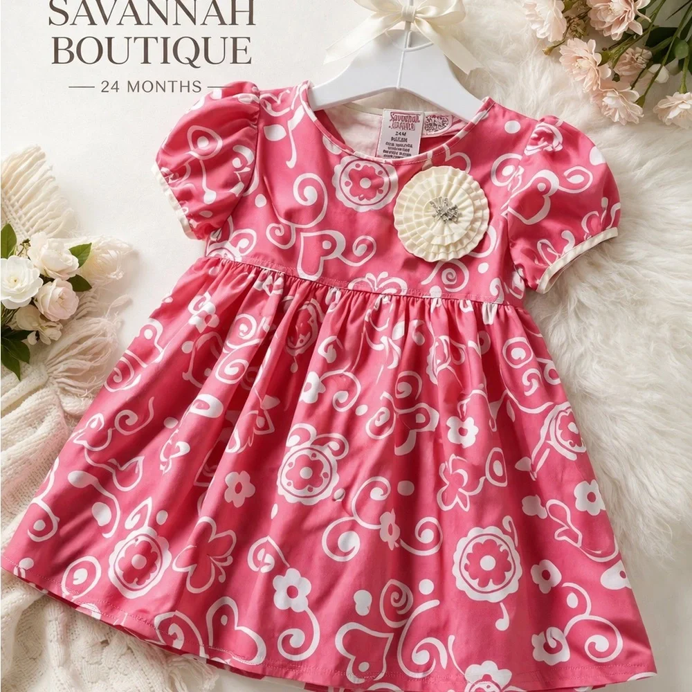 Savannah Boutique Toddler Girl Dress 24M Pink Puff Sleeve Rosette Appliqué VTG